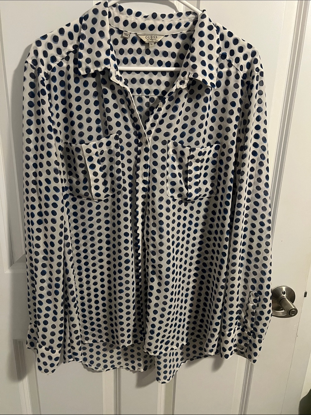 GUESS White Button-Up Blouse with Navy/Royal Polka Dots, Light and Flowy Fabric